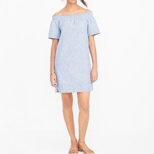 J Crew Blue and White Stripe Off the Shoulder Dress